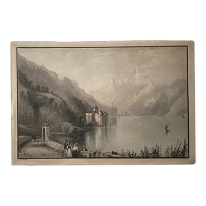 Antique Original Print - Castle of Chillon, Lake Geneva Switzerland, Signed Wh Bartlett - 1836