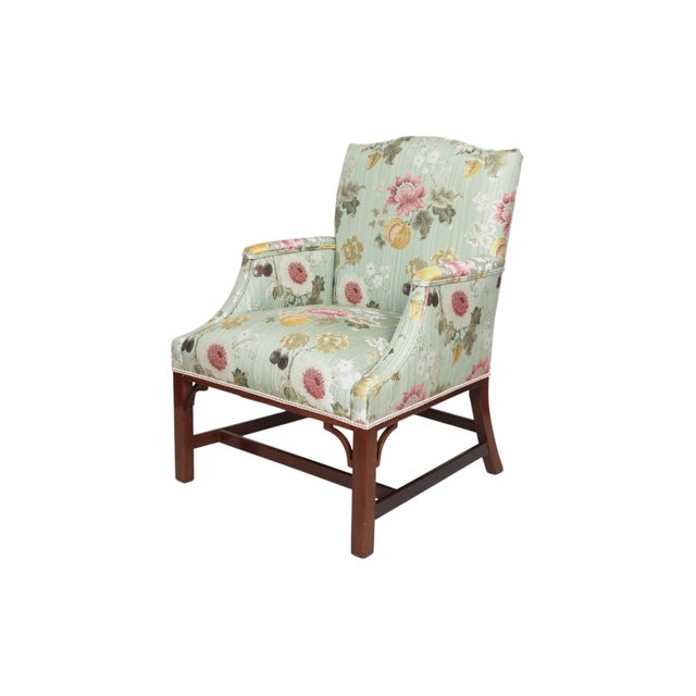 An English George III style arm chair recently upholstered in Perrault in Thym; a rich silk and cotton Lampas fabric by...