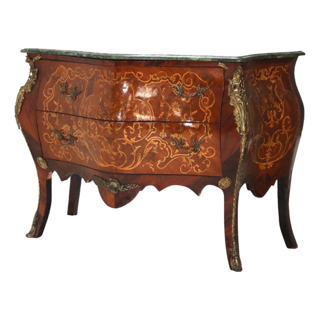 Louis XIV Style Kingwood, Ormolu, Marble & Satinwood Inlaid Bombe Commode 20th Century For Sale