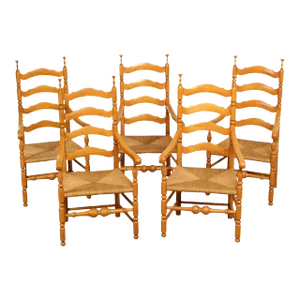 Early 20th Century Custom Crafted Delaware Valley Ladderback Rush Seat Dining Armchairs - Set of 5