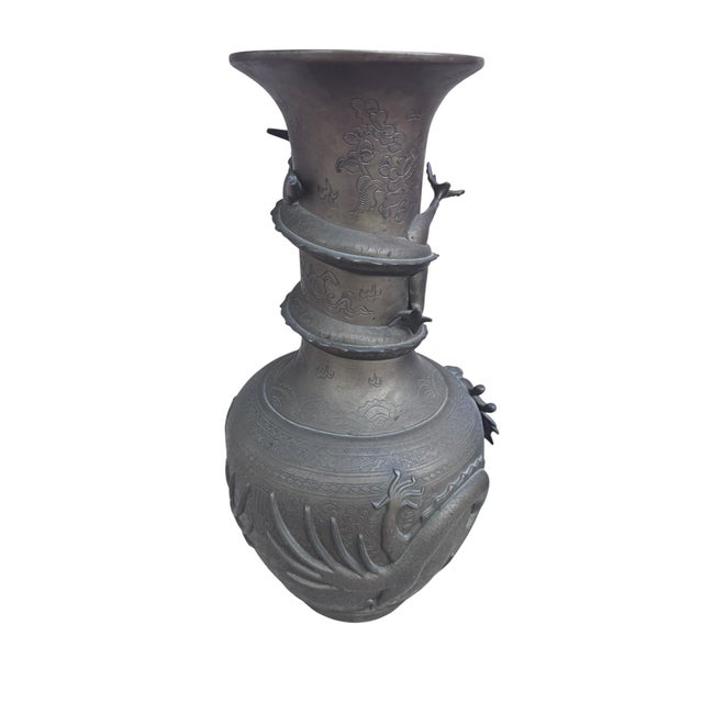 Metal Antique Signed Asian Bronze Dragon Vase - Pair For Sale - Image 7 of 9