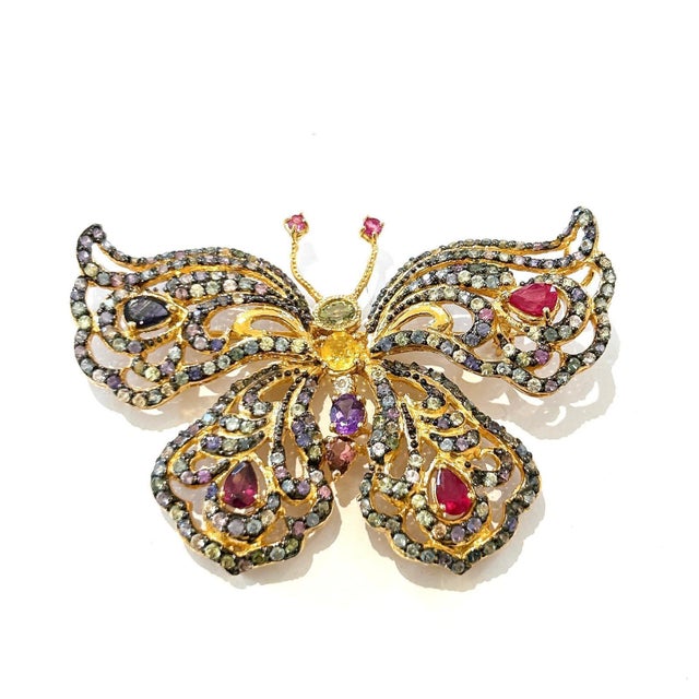 Metal Bochic “Orient” Ruby and Multi Color Sapphire Brooch Set 18K Gold and Silver For Sale - Image 7 of 11