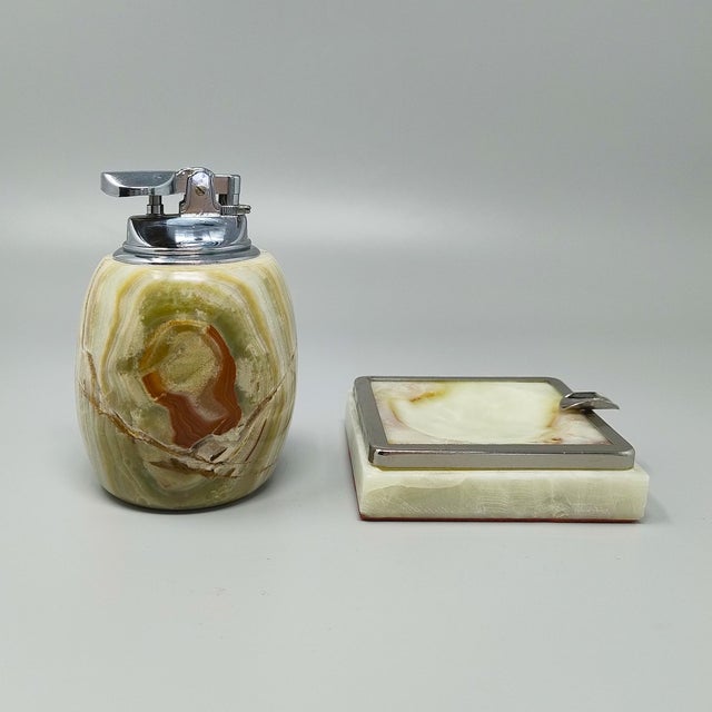 Brown Mid-Century Modern Italian Onyx and Chrome Table Lighter and Ashtray Smoking Set, 1960, Set of 2 For Sale - Image 8 of 8