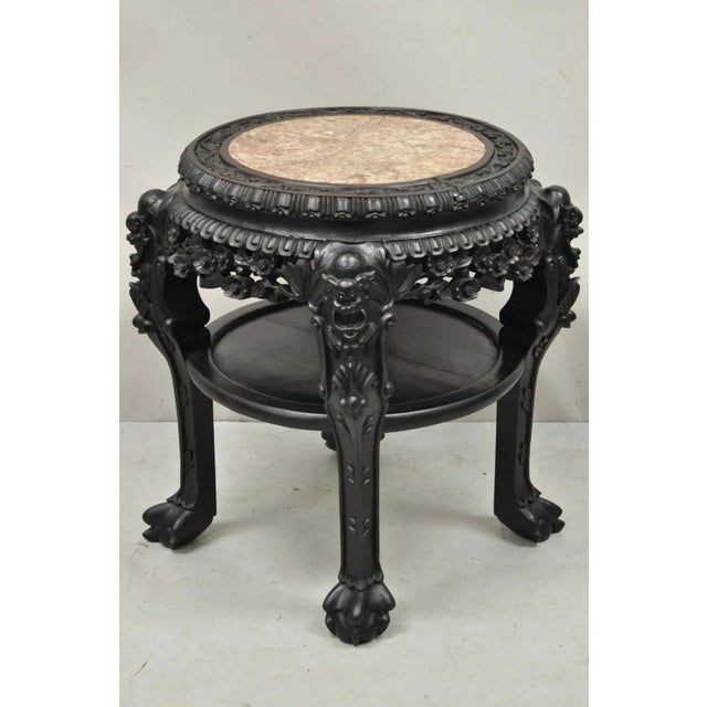 Antique Oriental Chinese Carved Hardwood Marble Top Foo Dog Side Table For Sale - Image 11 of 11