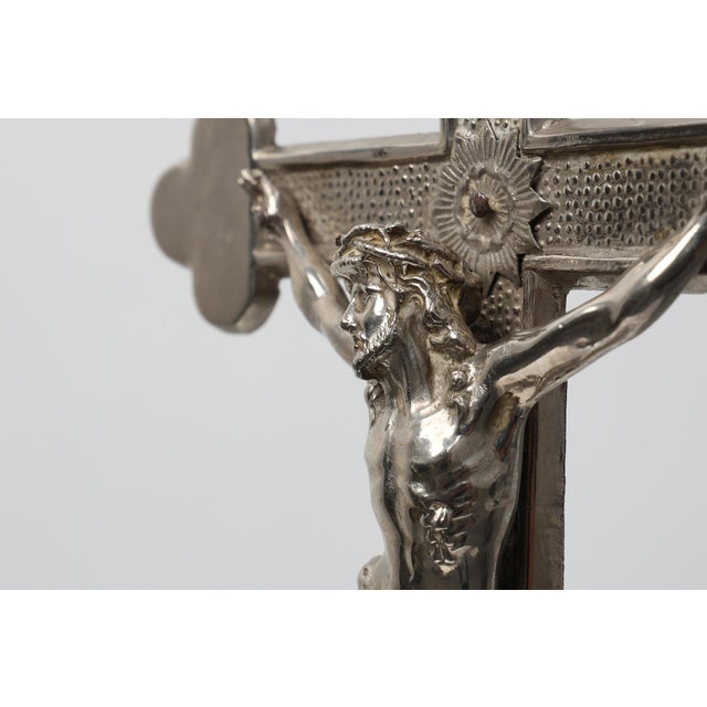 French Silver-Plated Standing Crucifix on Scrolled Tripod Base, 1900 For Sale - Image 12 of 14