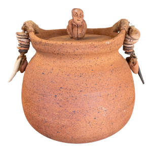 1970s Handmade Indonesian Terracotta Lidded Jar With Beaded Raffia Accents and Seated Figure Finial