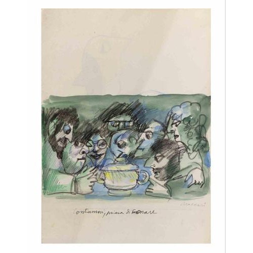 Modern Mino Maccari, Lets Count Ourselves Before Dinner, 1960, Pencil & Watercolor For Sale - Image 3 of 3