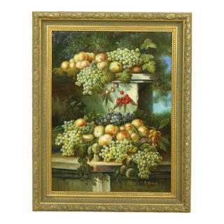 Large Framed Still Life Oil Painting on Canvas ~ Grapes For Sale