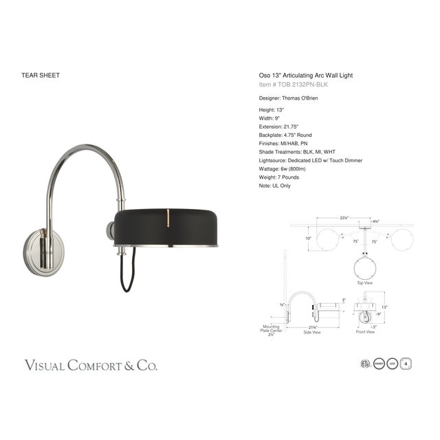 2020s Thomas O'Brien for Visual Comfort Signature Oso 13" Articulating Arc Wall Light in Polished Nickel with Matte Black Shade For Sale - Image 5 of 14