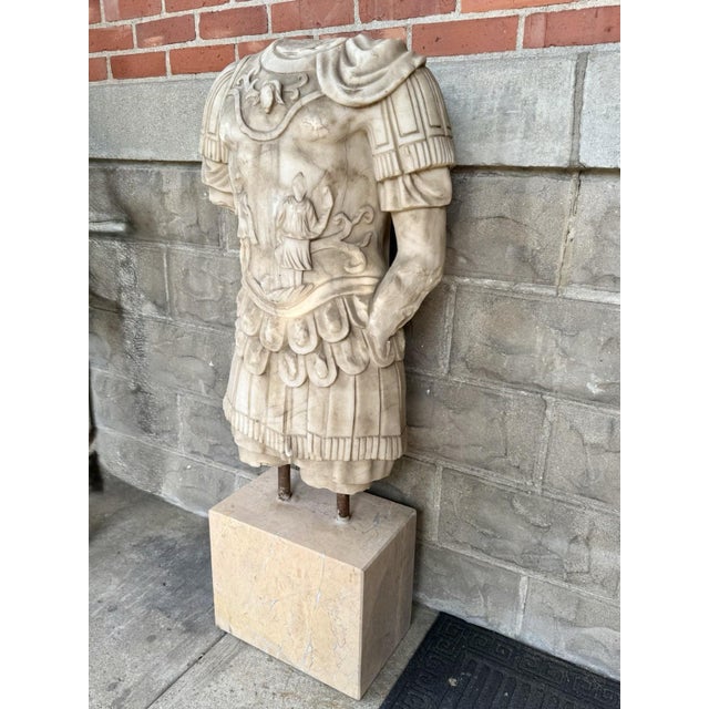 Late 20th Century Life Sized Marble Roman General Statue On Travertine Block Garden Ornament For Sale - Image 4 of 17
