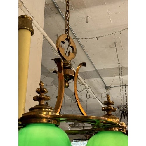 Late 19th Century Antique Brass Neo Gothic Three Green Globe Ceiling Pendant Light Rewired For Sale - Image 5 of 10