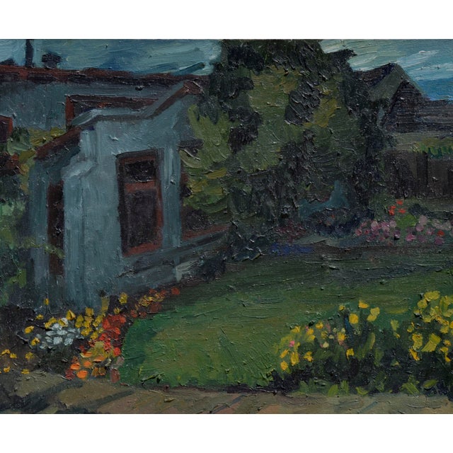 A nocturnal landscape of a cottage shrouded in foliage by Kristy Simmons (American, 20th century). Signed, stretcher bar,...