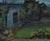 A nocturnal landscape of a cottage shrouded in foliage by Kristy Simmons (American, 20th century). Signed, stretcher bar,...