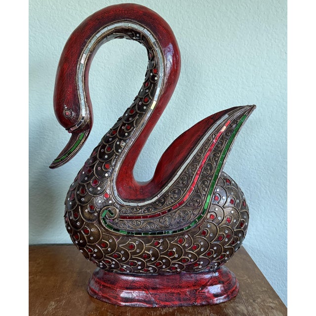 Three Large Asian Wood Carved Duck Statues With Mirror Inlay For Sale - Image 4 of 17