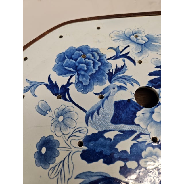 English Chinese Export Blue and White Strainer Mounted on a Custom Made Bamboo Turned Walnut Base to Make a Drinks Table For Sale - Image 3 of 5