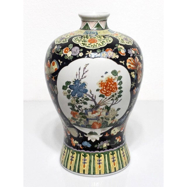 1940s Republic Period Chinese Meiping Porcelain Black Floral Vase - Famille Noire Pallete, Kangxi Style & Mark For Sale - Image 5 of 11