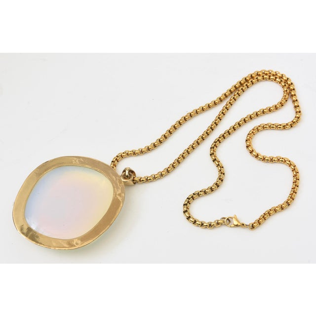 Charles Allen Gold Plated Pendant Necklace With Large Glass Blue Opalescent Stone, 1980's For Sale In Miami - Image 6 of 10