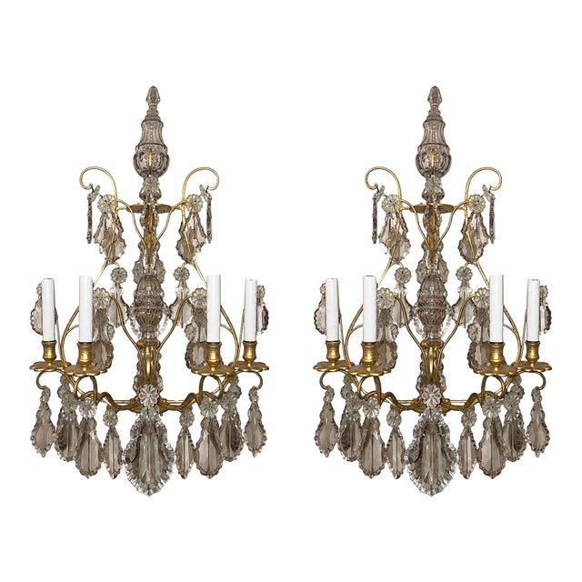 Pair of French Gilt Bronze and Crystal Wall Sconces, Late 19th Century. For Sale