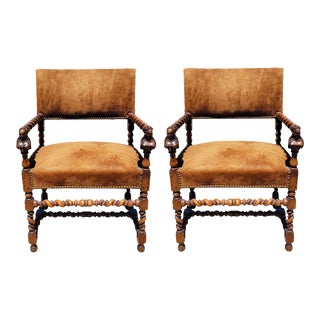 Pair of Early 19thc English Hand Carved Barley Twist and Suede Arm Chairs For Sale