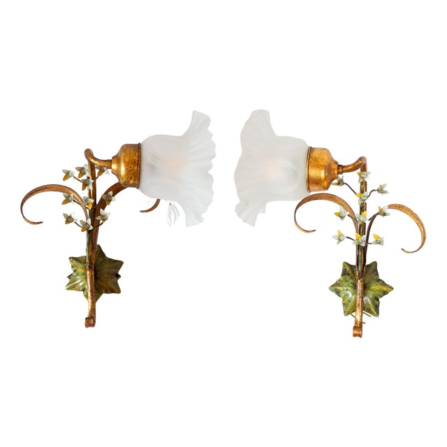 Italian Metal Wall Sconces with Flowers and Tulips, 1980s, Set of 2 For Sale