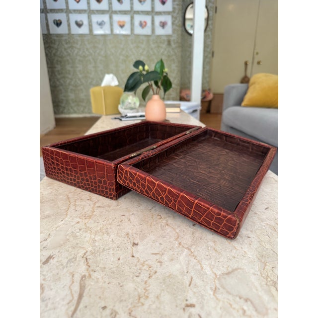 Brown Leather Box, Crocodile Embossed, Ralph Lauren Style, Circa 1990s For Sale - Image 8 of 10