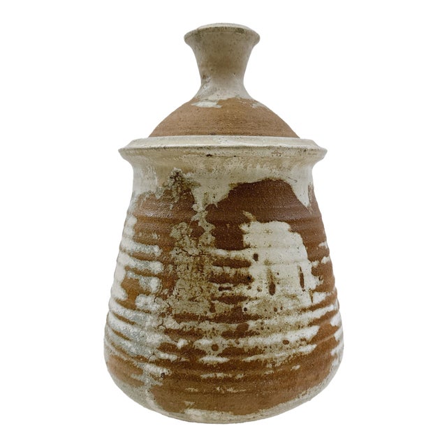 Vintage Studio Pottery Lidded Canister Signed Handmade Stoneware Rustic Wabi Sabi For Sale