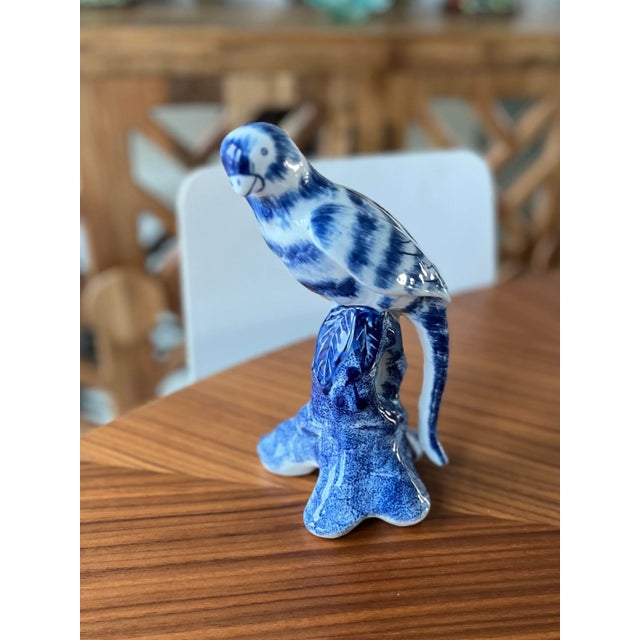 Chinoiserie Vintage Hand-Painted Ceramic Chinoiserie Parrot in Classic Blue and White For Sale - Image 3 of 9
