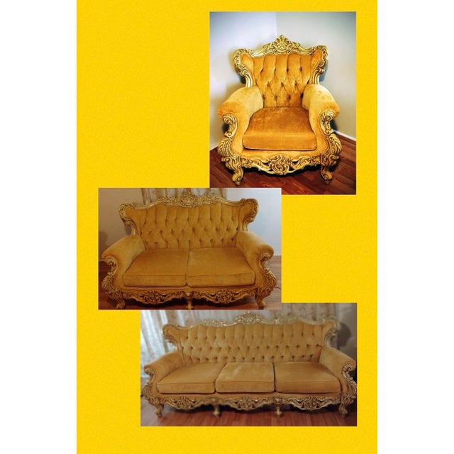 This 3-piece Italian sofa set has beautiful hand carved wood and gold upholstery. The set has been well maintained, with...