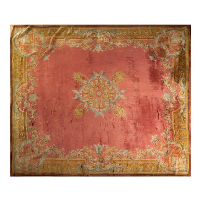 Antique Aubusson Savonnerie Rug, Pink Floral Medallion - Rug & Kilim For Sale