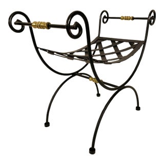 1940s Neoclassical Blacksmith Wrought Iron and Brass Curule Bench For Sale