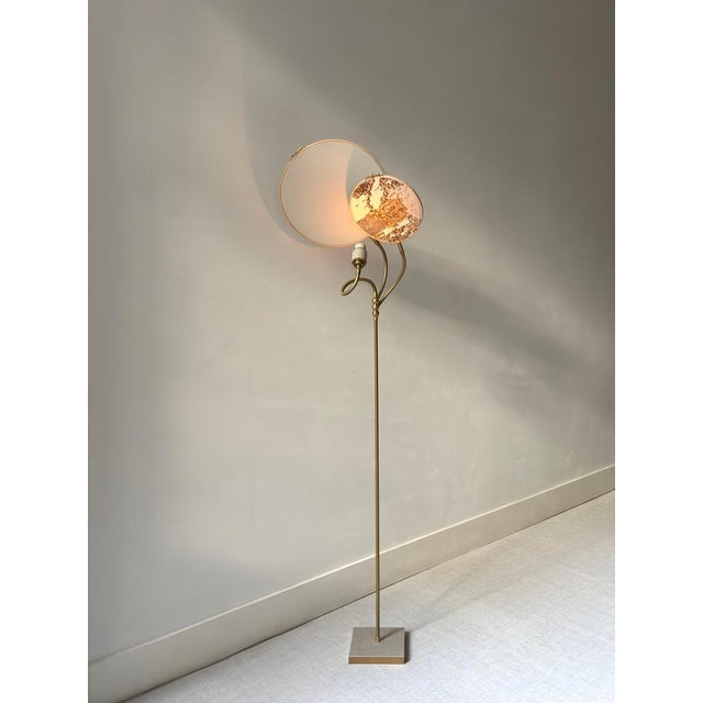 No. 34 floor lamp, 2 circles, by sander bottinga dimensions: d 30 cm x w 40 cm x h 140 cm materials: brass, wood, grey...