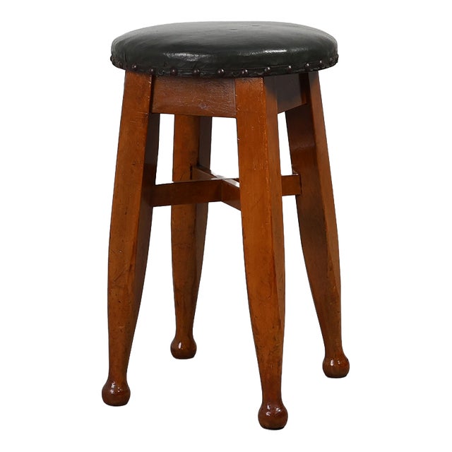 Early Art Deco Arts & Crafts Oak & Leather Stool, France, 1920s For Sale