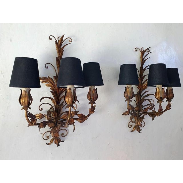 Mid-Century Venetian Tole Wall Sconces with Gilded Leaves, 1950s, Set of 2 For Sale - Image 9 of 11