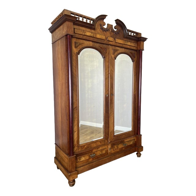 Antique French Carved Walnut Mirrored 2-Door Armoire For Sale