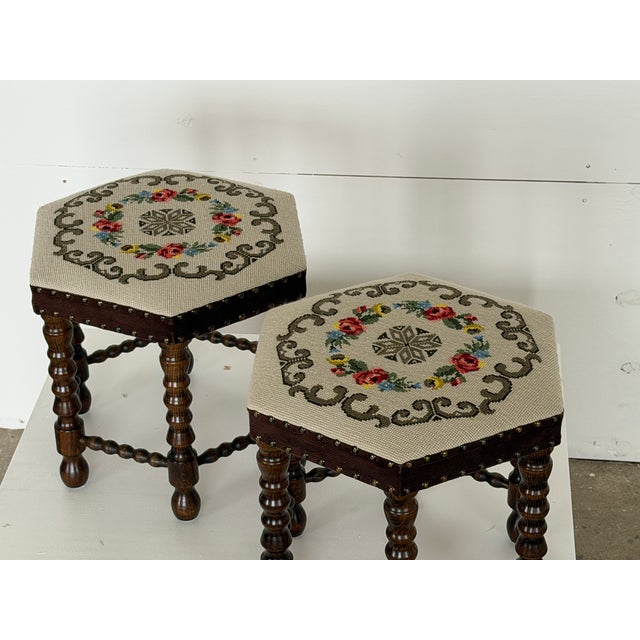 Mid-Century Modern Scandinavian Modern Needlepoint Tapestry Stools with Bobbin-Turned Legs, 1950s For Sale - Image 3 of 11