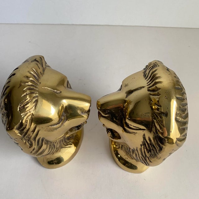 Vintage 1970s Brass Lion Head Bookends a Pair For Sale - Image 6 of 10