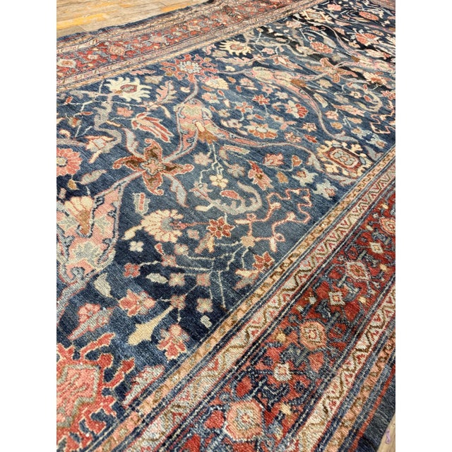 Navy Blue Tribal Floral Garous Design Antique Light Blue Malayer Wide Hall Runner Rug For Sale - Image 8 of 9