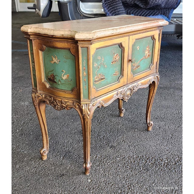 Antique 1920s Petite Marble Top Italian Rococo Chinoiserie Style Painted Commode Cabinet For Sale - Image 10 of 13