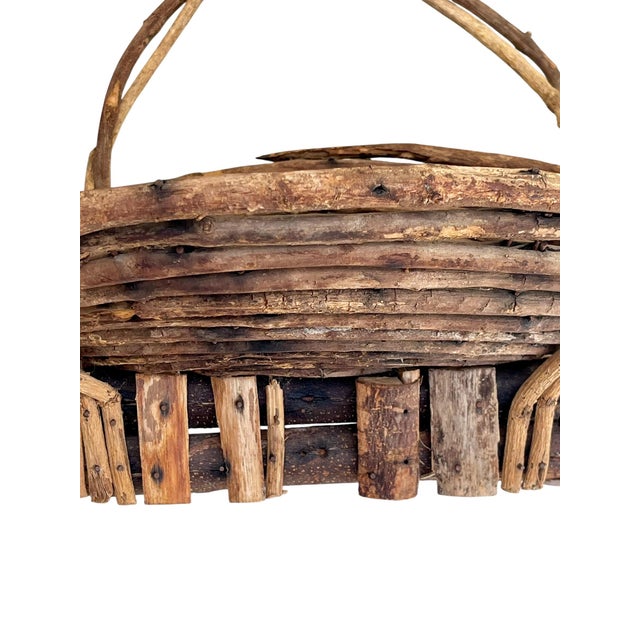 Vintage French Folk Art Adirondack Style Grapevine Gathering Basket With Double Handles, Mid-Century Rustic Market Basket 24” Wide For Sale - Image 11 of 18