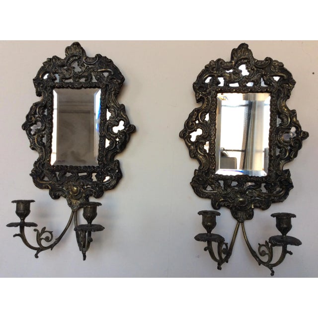 Antique Brass Repousse Mirror Candle Wall Sconces - Pair For Sale - Image 4 of 7