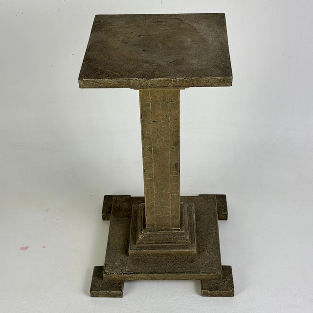 Magnificent piece of furniture. An Early 20th Century pedestal with the most beautiful old crackling olive green paint....