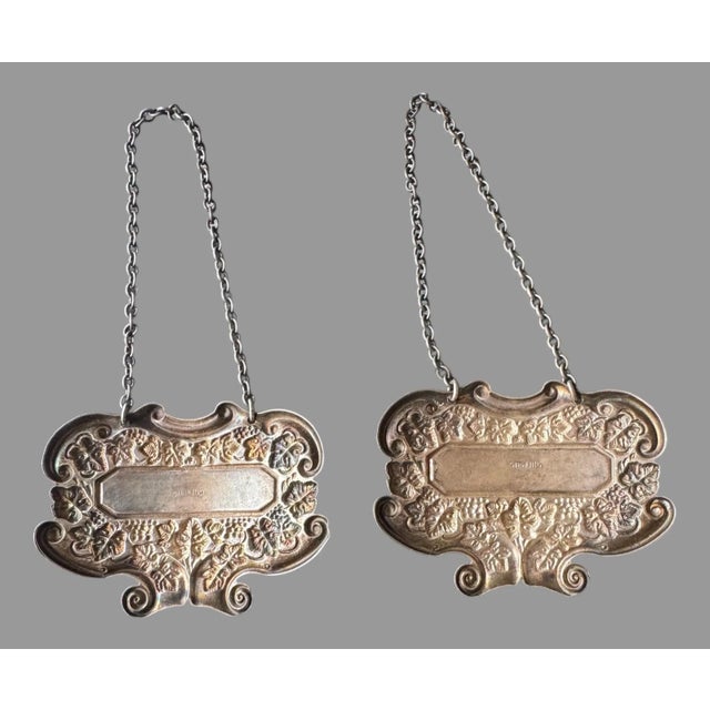 Antique Victorian Embossed Sterling Silver Port & Sherry Liquor Decanter Bottle Tags In estate fresh unpolished original...