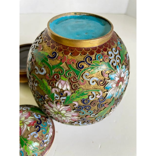 Pair of Petite Asian Cloisonné Enamel Lidded Ginger Jar Vases on Stands For Sale - Image 9 of 12