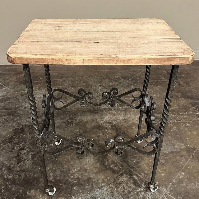 Antique Rustic Butcher Block Wrought Iron Dessert Table | Chairish