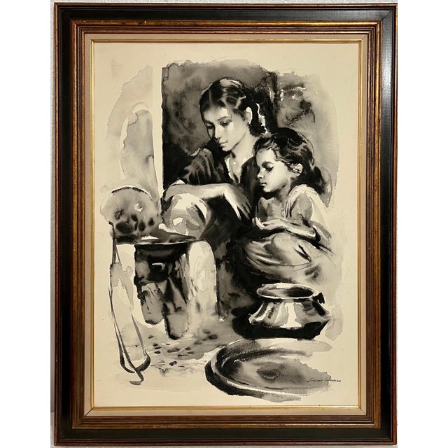 Sandu Liberman, Large Gouache Original Painting Mother & Daughter Sandu Liberman Israeli Judaica For Sale In Miami - Image 6 of 7