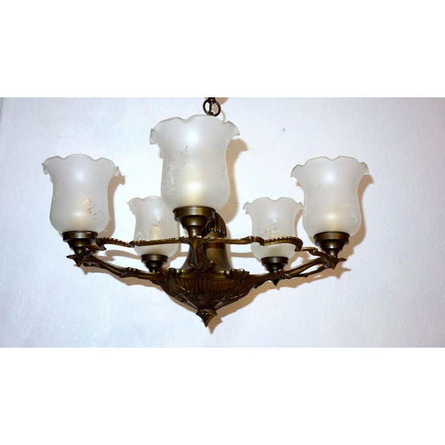Antique French Brass and Glass Chandelier from Unbekannt, 1920s For Sale - Image 10 of 10