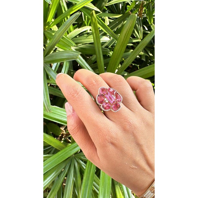 Modern Set in 18k Rose Gold, 8.48 Carats, Tourmaline & Diamonds Cocktail Cluster Ring, Size 6.5 For Sale - Image 3 of 11