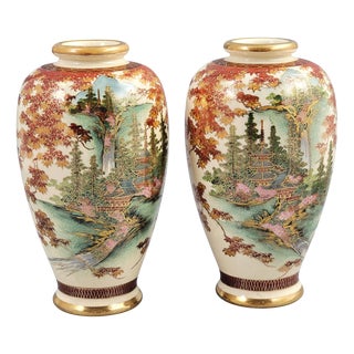 Kyoto Satsuma Landscape Vases, Set of 2 For Sale