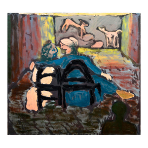 Jane Voitle Mellin "Conversation in the Theater" Figurative Oil on Canvas 1975