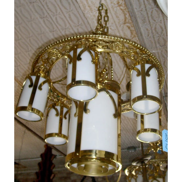 Chandelier Antique Brass and Glass For Sale - Image 4 of 4